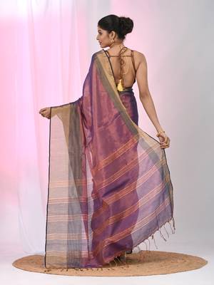 Elegant purple tissue saree with contrasting golden border 3