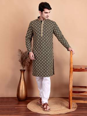 Elegant black kurta pyjama set with yellow thread embroidered geometric pattern & embellished neckline 5