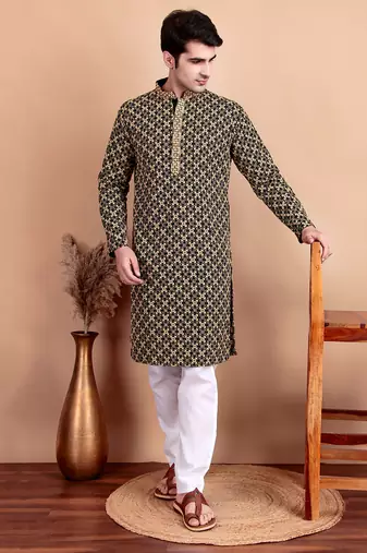 Elegant black kurta pyjama set with yellow thread embroidered geometric pattern & embellished neckline