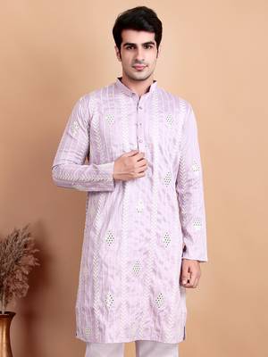 Elegant pastel pink embroidered kurta for men 1