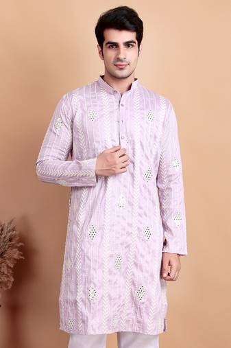 Elegant pastel pink embroidered kurta for men