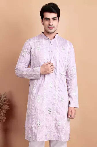 Elegant pastel pink embroidered kurta for men