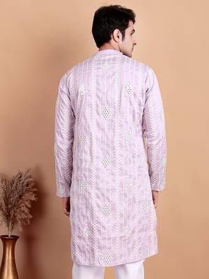 Elegant pastel pink embroidered kurta for men 2