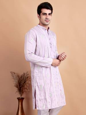 Elegant pastel pink embroidered kurta for men 3