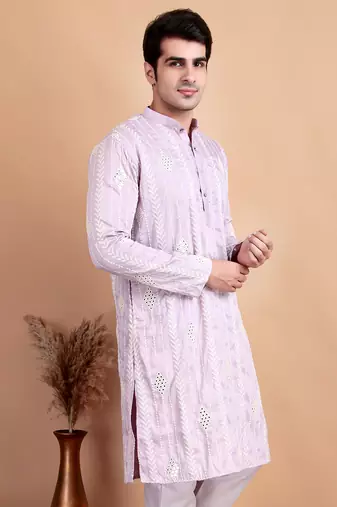 Elegant pastel pink embroidered kurta for men