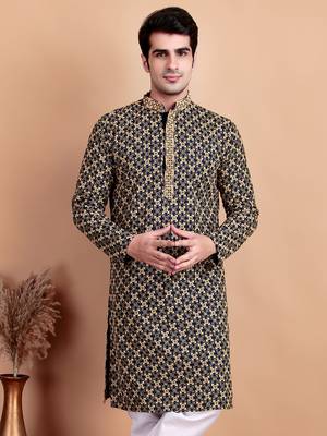 Elegant navy blue kurta with yellow thread embroidered geometric pattern & embellished neckline 1