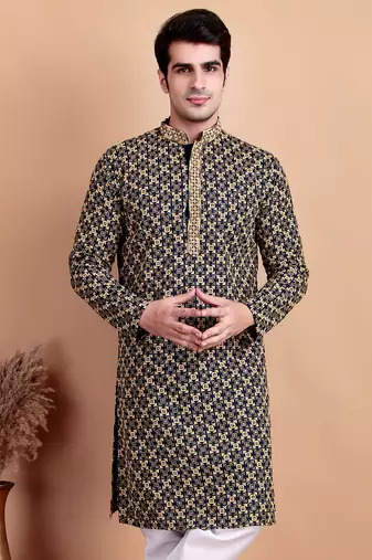 Elegant navy blue kurta with yellow thread embroidered geometric pattern & embellished neckline