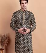 Elegant navy blue kurta with yellow thread embroidered geometric pattern & embellished neckline