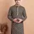 Elegant navy blue kurta with yellow thread embroidered geometric pattern & embellished neckline
