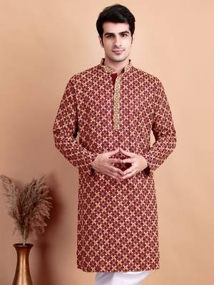 Elegant maroon kurta with yellow thread embroidered geometric pattern & embellished neckline 1