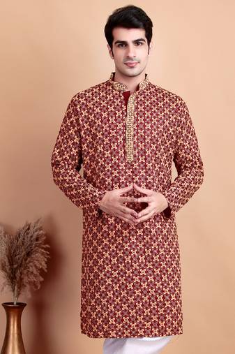 Elegant maroon kurta with yellow thread embroidered geometric pattern & embellished neckline
