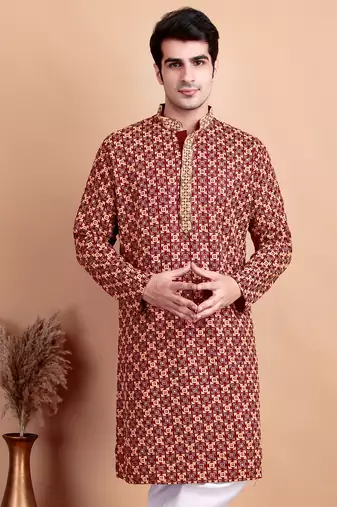 Elegant maroon kurta with yellow thread embroidered geometric pattern & embellished neckline