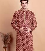 Elegant maroon kurta with yellow thread embroidered geometric pattern & embellished neckline