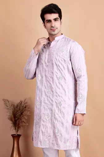 Elegant pastel pink embroidered kurta for men