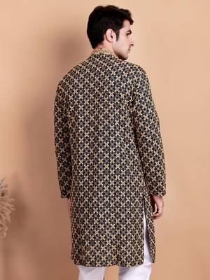 Elegant navy blue kurta with yellow thread embroidered geometric pattern & embellished neckline 2