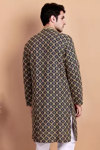 Elegant navy blue kurta with yellow thread embroidered geometric pattern & embellished neckline