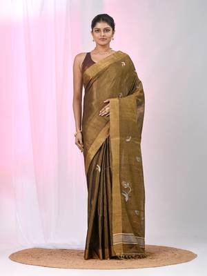 Metallic tissue saree with ethnic motifs and golden border 1