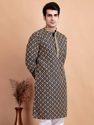 Elegant navy blue kurta with yellow thread embroidered geometric pattern & embellished neckline 3