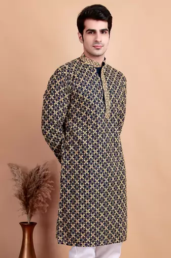 Elegant navy blue kurta with yellow thread embroidered geometric pattern & embellished neckline