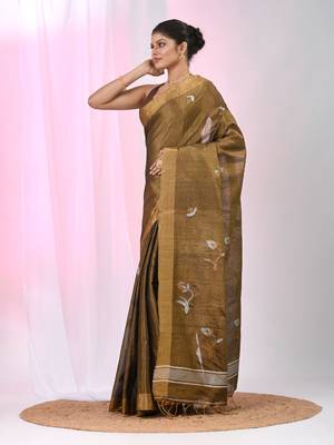 Metallic tissue saree with ethnic motifs and golden border 2