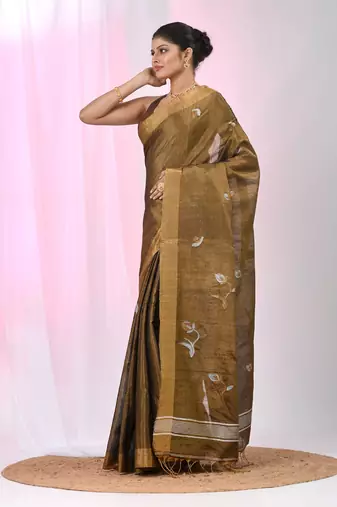 Metallic tissue saree with ethnic motifs and golden border