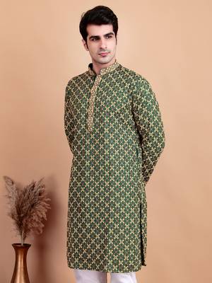 Elegant green kurta with yellow thread embroidered geometric pattern & embellished neckline 1