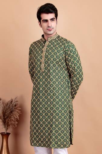 Elegant green kurta with yellow thread embroidered geometric pattern & embellished neckline