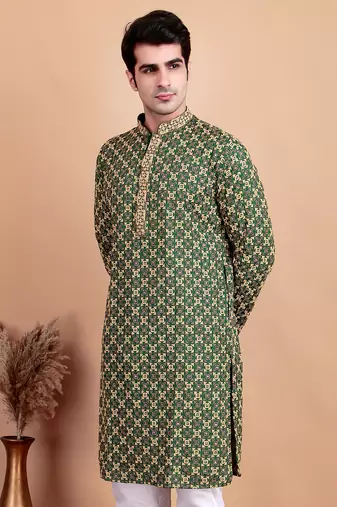 Elegant green kurta with yellow thread embroidered geometric pattern & embellished neckline