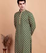 Elegant green kurta with yellow thread embroidered geometric pattern & embellished neckline