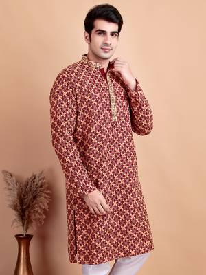 Elegant maroon kurta with yellow thread embroidered geometric pattern & embellished neckline 3