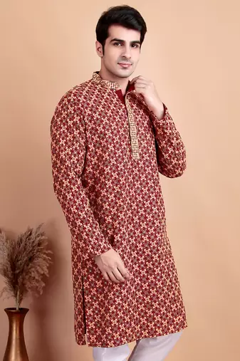 Elegant maroon kurta with yellow thread embroidered geometric pattern & embellished neckline