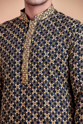 Elegant navy blue kurta with yellow thread embroidered geometric pattern & embellished neckline
