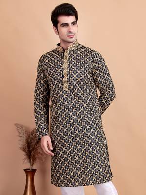 Elegant navy blue kurta with yellow thread embroidered geometric pattern & embellished neckline 5