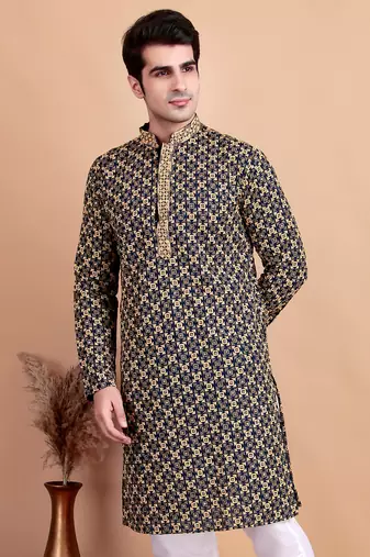 Elegant navy blue kurta with yellow thread embroidered geometric pattern & embellished neckline