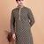 Elegant navy blue kurta with yellow thread embroidered geometric pattern & embellished neckline