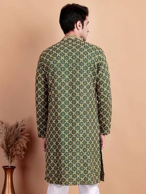 Elegant green kurta with yellow thread embroidered geometric pattern & embellished neckline 2
