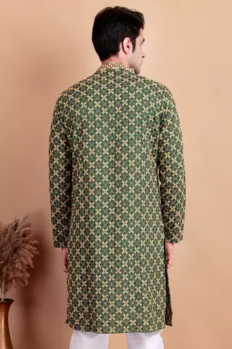 Elegant green kurta with yellow thread embroidered geometric pattern & embellished neckline