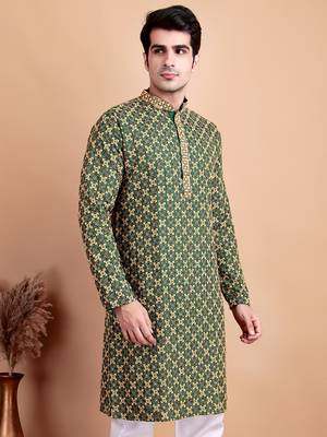 Elegant green kurta with yellow thread embroidered geometric pattern & embellished neckline 3