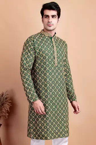 Elegant green kurta with yellow thread embroidered geometric pattern & embellished neckline