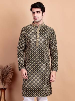Elegant black kurta with yellow thread embroidered geometric pattern & embellished neckline 1