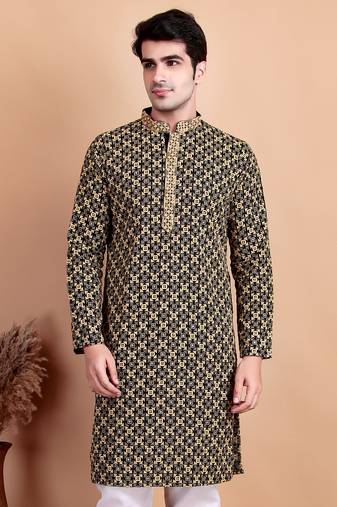 Elegant black kurta with yellow thread embroidered geometric pattern & embellished neckline
