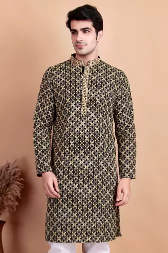 Elegant black kurta with yellow thread embroidered geometric pattern & embellished neckline