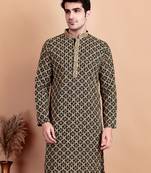 Elegant black kurta with yellow thread embroidered geometric pattern & embellished neckline