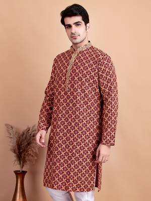 Elegant maroon kurta with yellow thread embroidered geometric pattern & embellished neckline 5