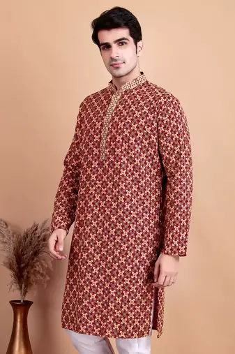 Elegant maroon kurta with yellow thread embroidered geometric pattern & embellished neckline