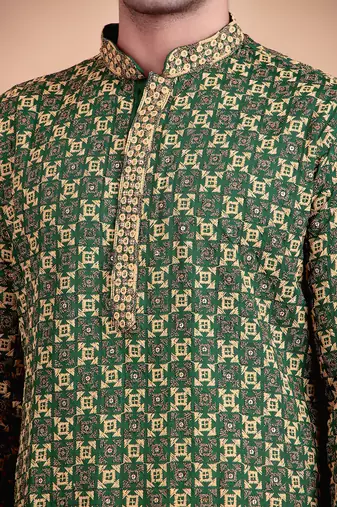 Elegant green kurta with yellow thread embroidered geometric pattern & embellished neckline