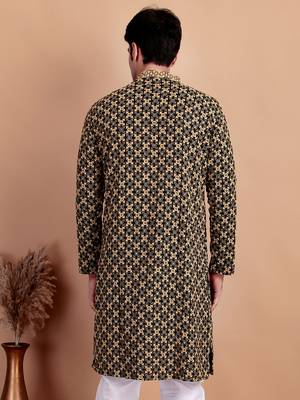 Elegant black kurta with yellow thread embroidered geometric pattern & embellished neckline 2