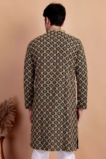 Elegant black kurta with yellow thread embroidered geometric pattern & embellished neckline