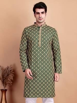 Elegant green kurta with yellow thread embroidered geometric pattern & embellished neckline 5