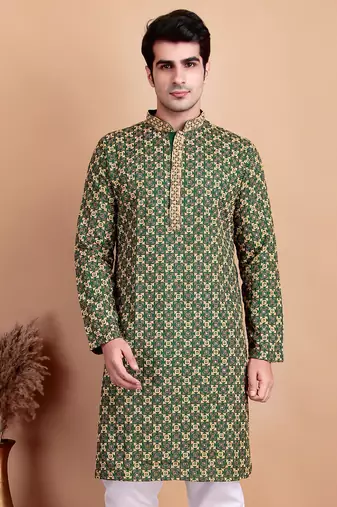Elegant green kurta with yellow thread embroidered geometric pattern & embellished neckline